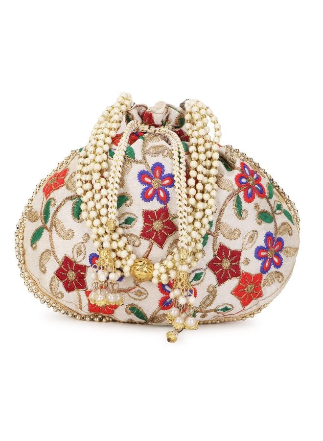Anekaant Dangle Cream & Multi Floral Embroidered Faux Silk Potli - Image 1